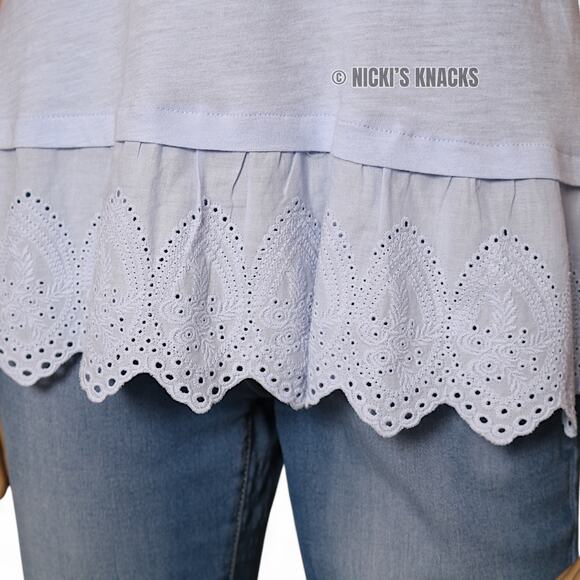 Loft Eyelet Peplum Trim Light Periwinkle Blue Cotton T-Shirt Short Sleeve Sze XS - Picture 4 of 8